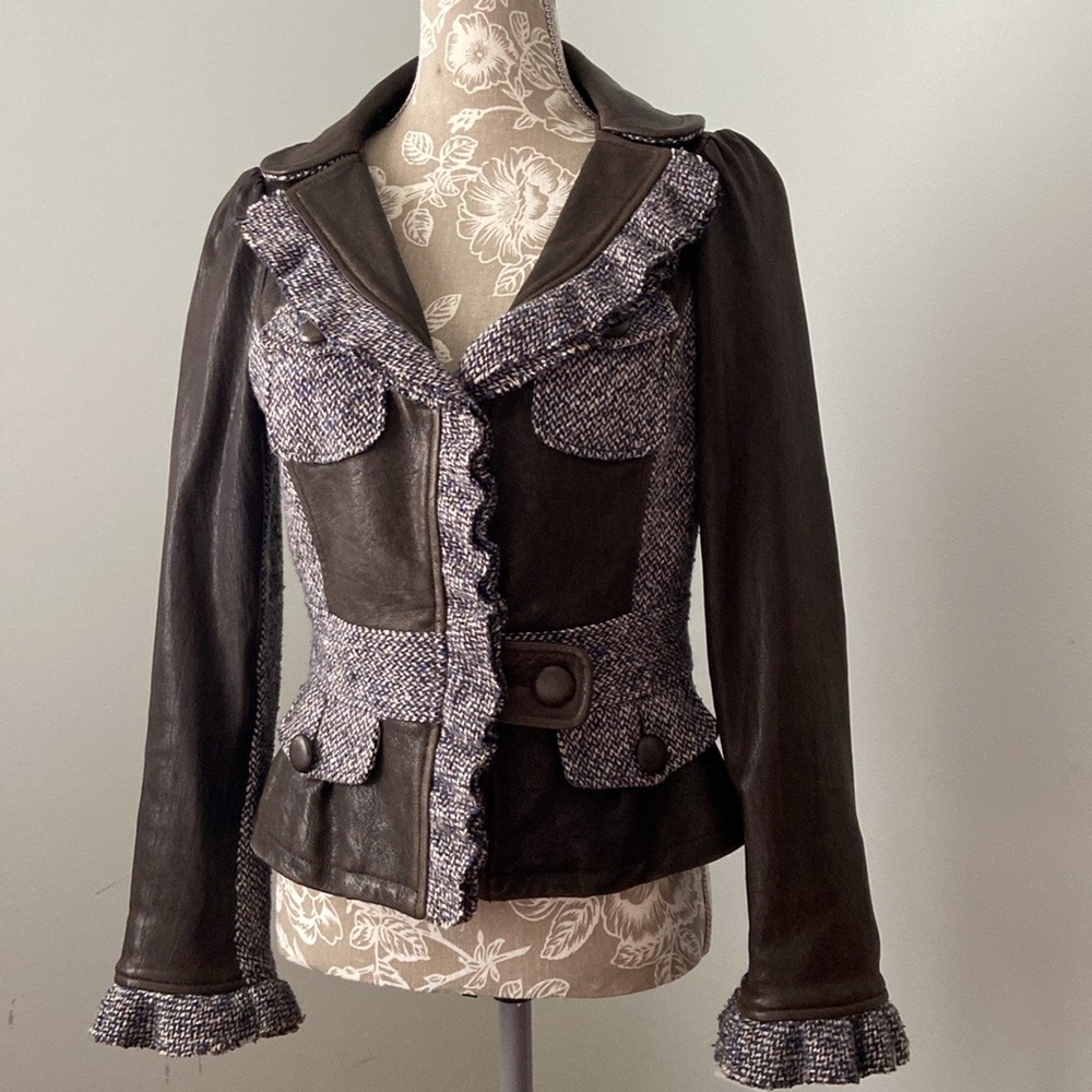 Tocca Leather Blazer Tweed Hourglass Notched Lapels Brown Blue Gray 4 Or S